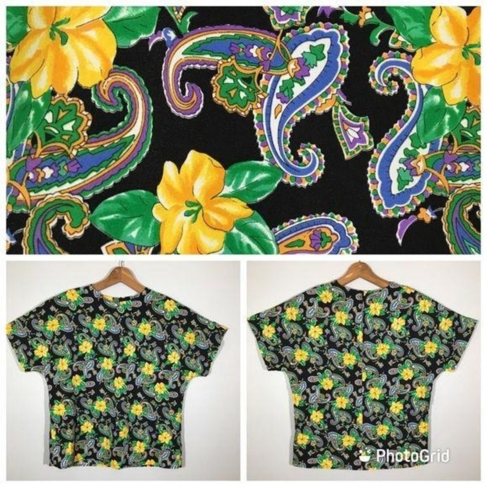 Vintage 80s Blouse, Bright Yellow Floral Short Sleeve Blouse, Dark Floral Blouse - Picture 1 of 11